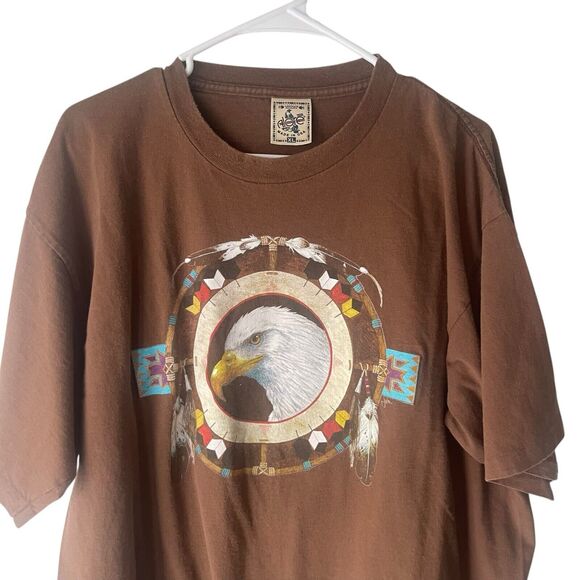 Alore USA Size XL Vintage 90s Native Eagle Feathers Brown Short Sleeve T Shirt - Picture 2 of 7